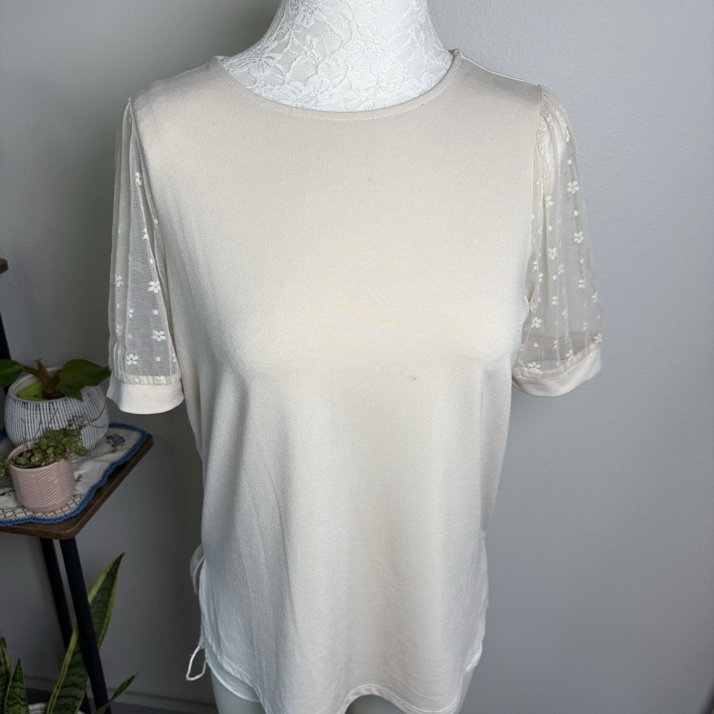 Adrianna Papell Women's Small ~ Daisy Sheer-Mesh Short Sleeve Blouse Beige